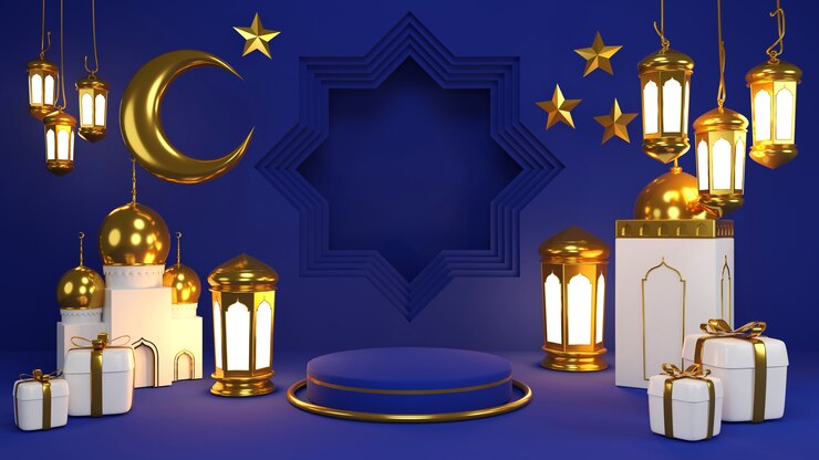 Esposizione di prodotti islamici. Podio, falce di luna, lanterna, confezione regalo. Ramadan, capodanno islamico. Rappresentazione 3D.