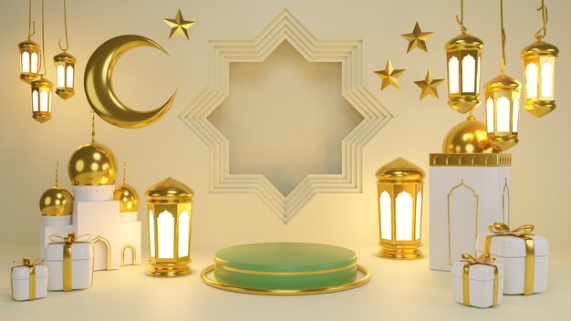 Esposizione di prodotti islamici. Podio, falce di luna, lanterna, confezione regalo. Ramadan, capodanno islamico. Rappresentazione 3D.