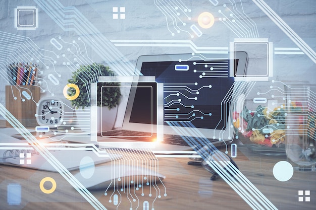 Esposizione multipla del desktop con computer personale e disegno a tema tecnologico Concetto di Bigdata