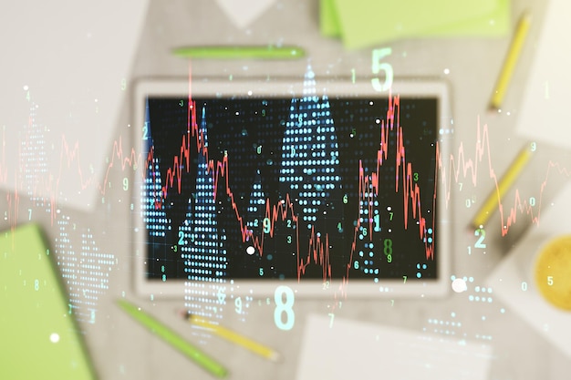 Esposizione multipla del diagramma finanziario astratto e della moderna tavoletta digitale sul concetto bancario e contabile di sfondo