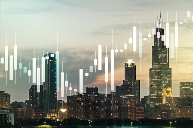 Esposizione multipla del diagramma finanziario astratto virtuale sul concetto bancario e contabile di sfondo degli edifici per uffici di Chicago