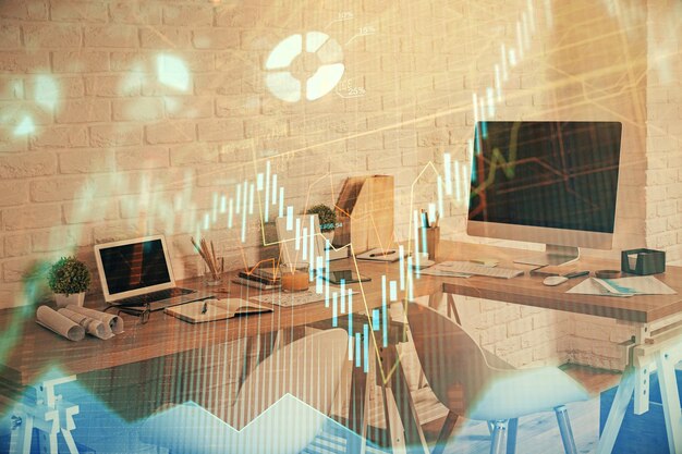 Esposizione multipla del grafico del mercato azionario e sfondo degli interni degli uffici Concetto di analisi finanziaria