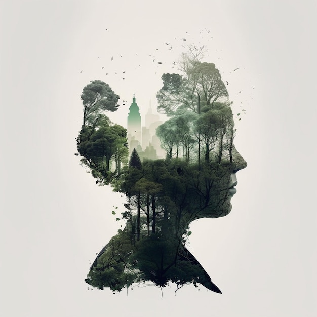 Esposizione multipla della foresta naturale con il concetto mentale rilassante della testa umana IA generativa