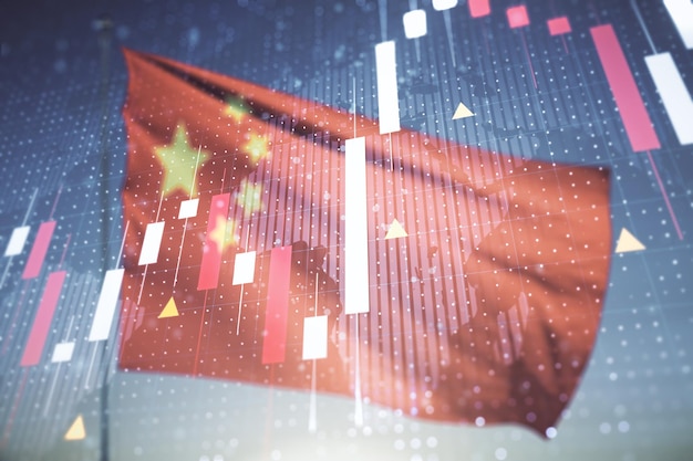Esposizione multipla di grafico finanziario creativo virtuale e mappa del mondo sulla bandiera della Cina e concetto di investimento e forex sullo sfondo del cielo al tramonto