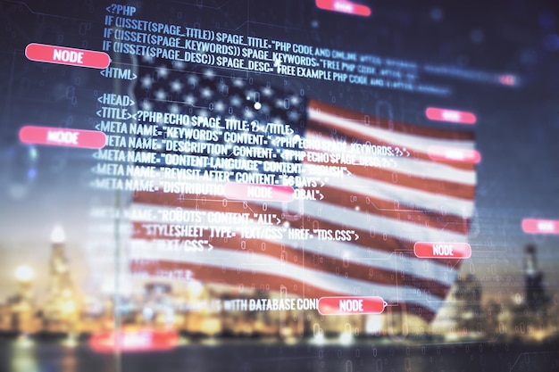 Esposizione multipla di schizzo di codifica creativa astratta sulla bandiera degli Stati Uniti e concetto di intelligenza artificiale e reti neurali sullo sfondo sfocato del paesaggio urbano