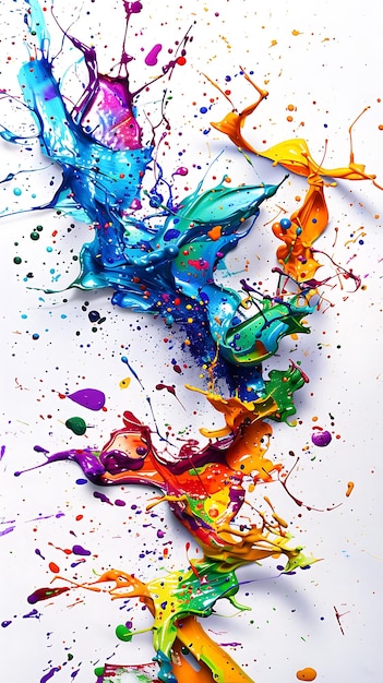 Espressione artistica attraverso spruzzi di vernice vivaci che creano disegni intricati su una tela bianca