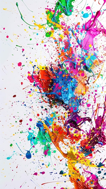 Espressione artistica attraverso spruzzi di vernice vivaci che creano disegni intricati su uno sfondo bianco