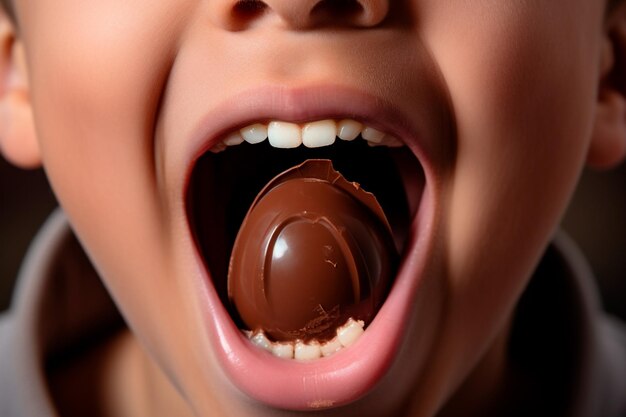Espressione di gioia del primo piano di un bambino che assapora un generoso pezzo di cioccolato