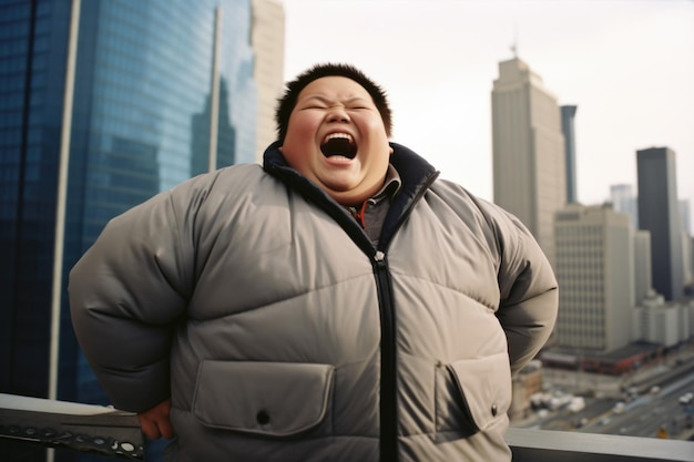 espressione felice del ragazzo grasso asiatico all'aperto in una città generata ai