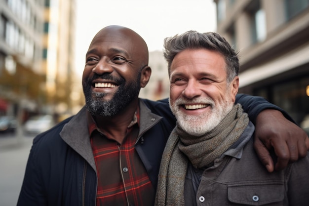 espressione felice della coppia gay all'aperto in una città generata dall'intelligenza artificiale