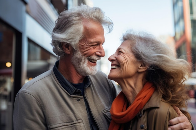 espressione felice della coppia senior all'aperto in una città generata ai