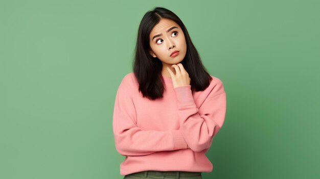 Espressione perplessa Donna asiatica in maglione verde mostra incertezza Donna asiatica incerta in casual