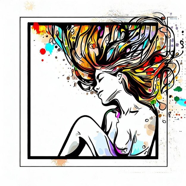 Espressione senza bordi Atto di donna in stile misto Line Art con spruzzi di Pop Art all'interno di una foto bianca