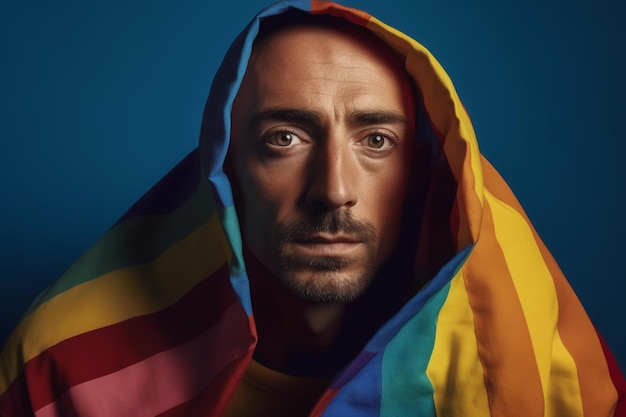 Espressiva foto di orgoglio di un uomo gay con una bandiera arcobaleno Sfondo del mese dell'orgoglio