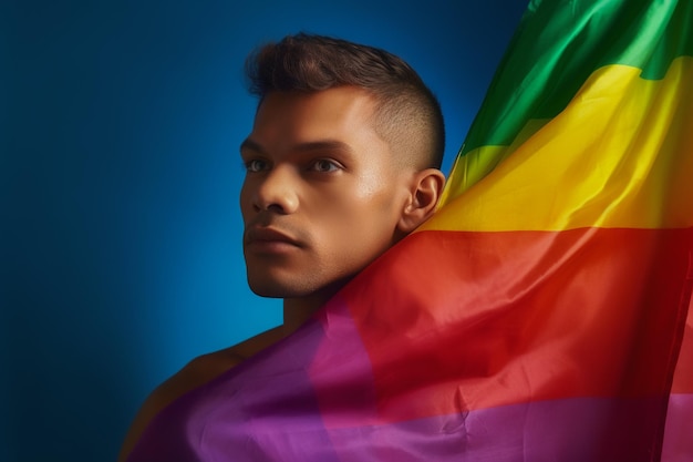 Espressiva foto di orgoglio di un uomo gay con una bandiera arcobaleno Sfondo del mese dell'orgoglio