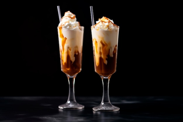 Espresso con panna montata e caramello su sfondo nero