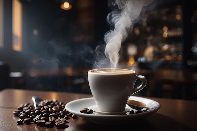 Espresso su uno sfondo scuro il vapore sale sopra il caffè per la colazione in una caffetteria italiana con fuoco selettivo con ripresa verticale