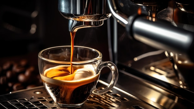 Espresso versato dalla macchina per il caffè nella caffetteria