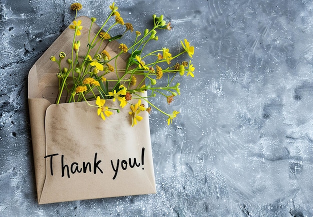 Esprimendo gratitudine alla natura un bouquet di fiori gialli brillanti che spunta fuori da una busta con l'iscrizione Grazie su uno sfondo tessuto