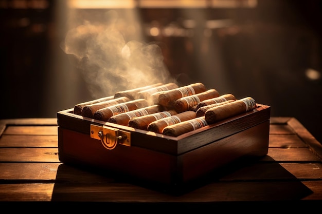 Essenza cubana Scatola di sigari su tavola di legno Atmosfera atmosferica Generative AI