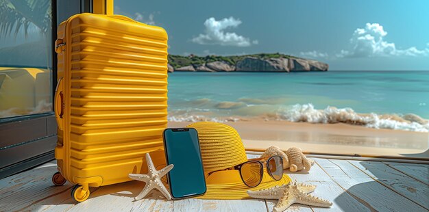 Essenziali per i viaggi estivi con valigia gialla, borsa da spiaggia e accessori sulla spiaggia soleggiata