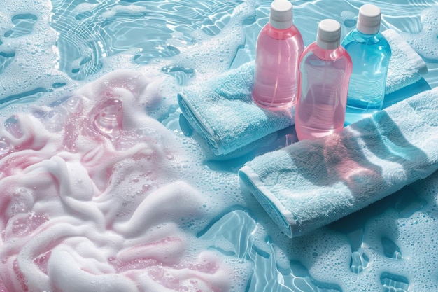 Essenziali per il bagno con un asciugamano morbido accanto a una piscina scintillante che invoca un'atmosfera di spa tranquilla