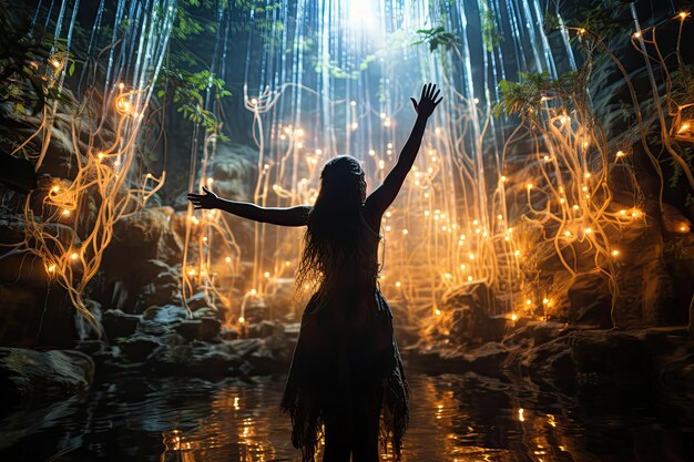 Essere luminoso esegue una danza mistica nella foresta di cristallo generativa IA