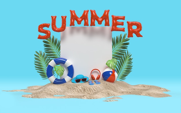 Estate del testo 3D sull'isola della spiaggia con vetro di sole, infradito, palla, Ring Floating, rilassamento all'aperto di foglia di palma con lo spazio del testo per fondo. Progettazione del concetto di vacanza di vacanze estive. Rendering 3D