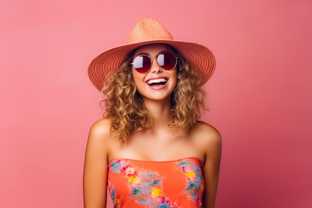 Estate donna felice alla moda in posa con cappello sorriso entusiasta colori di design di tendenza