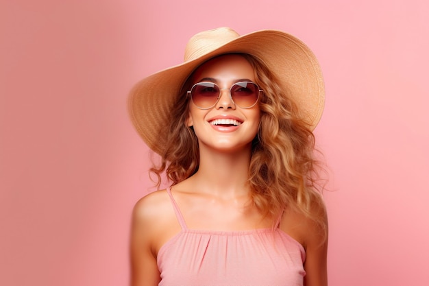 Estate donna felice alla moda in posa con cappello sorriso entusiasta colori di design di tendenza