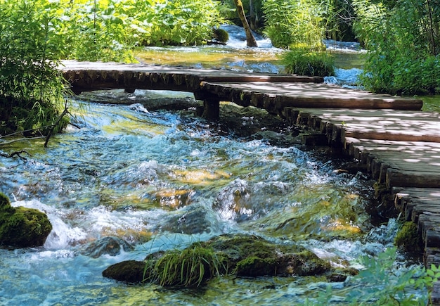 Estate in montagna impetuoso vista sul fiume con marciapiede planked attraverso il torrente nel Parco Nazionale dei Laghi di Plitvice (Croazia)