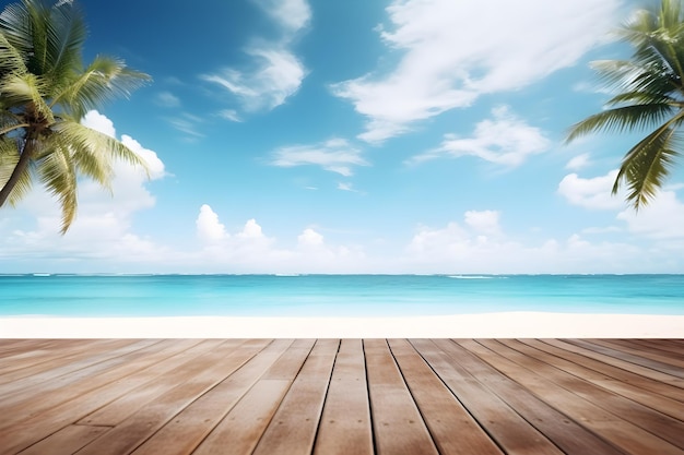 Estate mare tropicale spiaggia con onde foglie di palma e cielo blu con nuvole generate dall'IA