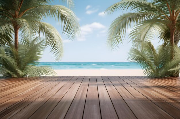 Estate mare tropicale spiaggia con onde foglie di palma e cielo blu con nuvole generate dall'IA