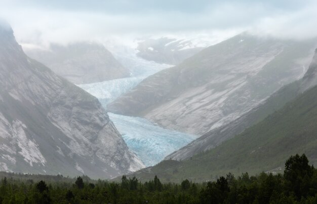 Estate nuvoloso vista sul ghiacciaio Nigardsbreen, Jostedal, Norvegia.