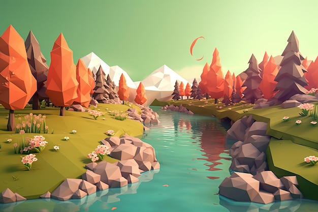 Estate paesaggio di montagna low poly stile illustrazione generativa ai