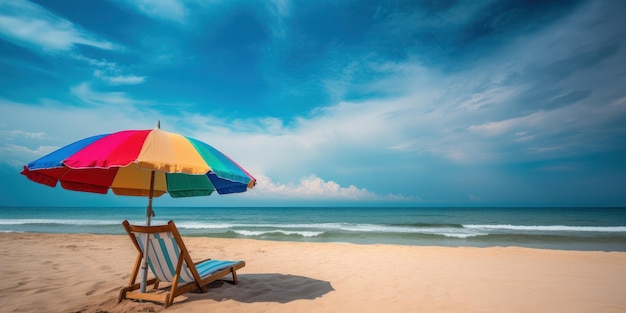 Estate Sedia e ombrellone sul mare tropicale e sulla spiaggia con sfondo blu cielo IA generativa
