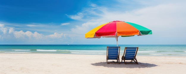 Estate Sedie e ombrelloni sul mare tropicale e sulla spiaggia con sfondo blu cielo IA generativa