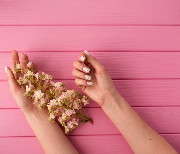 estate sfondo astratto donna manicure mano tenere fiori fiori castagno
