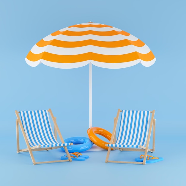 Estate sfondo blu Sedia da spiaggia con anello gonfiabile ombrellone infradito