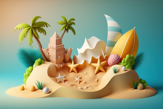 Estate spiaggia tropicale concetto 3d carino sfondo colorato