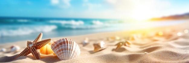 Estate tropicale spiaggia di sabbia e luce del sole bokeh sullo sfondo del mare IA generativa