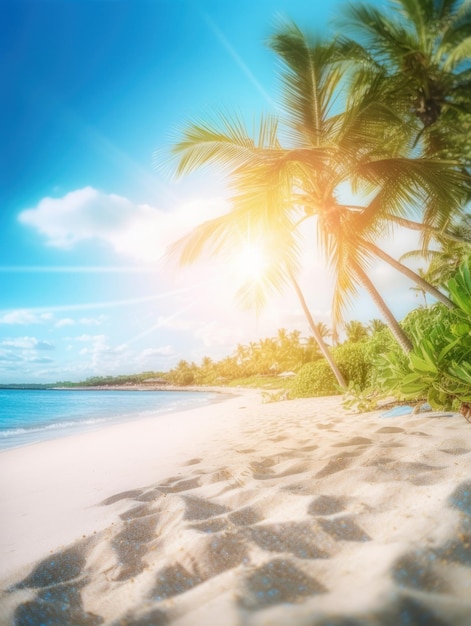 Estate tropicale spiaggia di sabbia e luce del sole bokeh sullo sfondo del mare