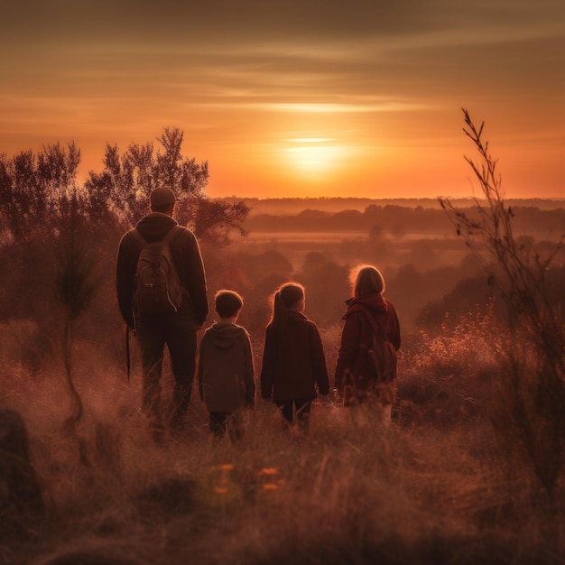 Estate vista all'aperto madre bambino stile di vita natura padre indietro campo familiare IA generativa