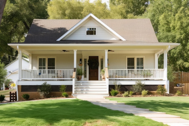 Esterno classico senza tempo della casa del ranch con un portico anteriore in legno e un esterno bianco