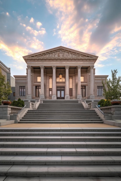 Esterno del tribunale con gradini e pilastri creati con intelligenza artificiale generativa