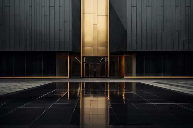 Esterno dell'edificio a forma di cubo in stile moderno e minimalista con pareti scure e acciaio dorato