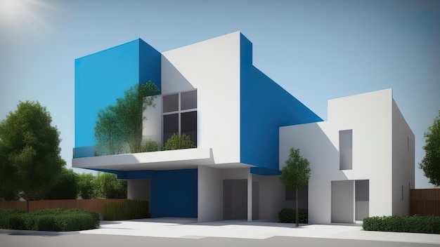 Esterno dell'edificio colorato in stile minimale con sfondo cielo blu rendering 3D