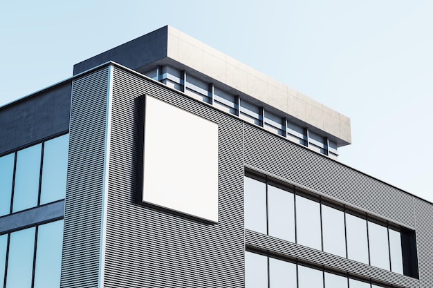 Esterno dell'edificio contemporaneo con cartellone bianco vuoto mock up banner sullo sfondo del cielo Rendering 3D di concetto pubblicitario e commerciale