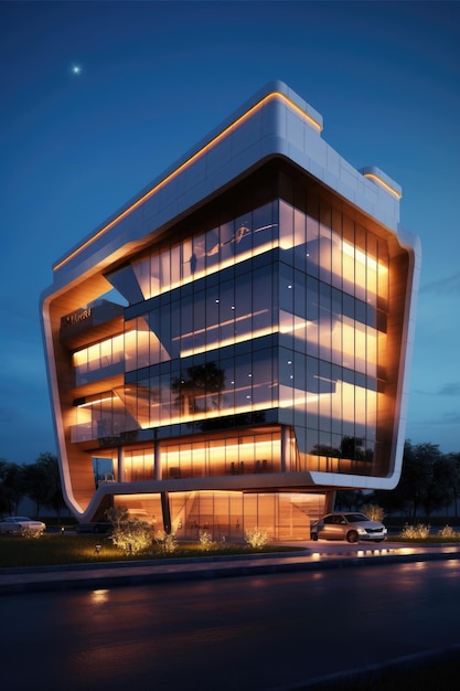 Esterno dell'edificio per uffici con un design architettonico moderno creato con l'IA generativa