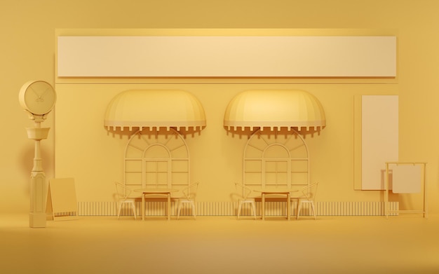 Esterno della caffetteria all'aperto con colore giallo Il negozio ha sedie da tavolo con cartello bianco rendering 3d